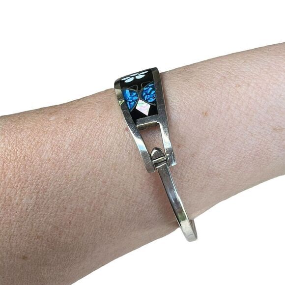 Vintage Alpaca Mexico Women's Bracelet Abalone Shell Floral Silver Tone Signed - Picture 5 of 16